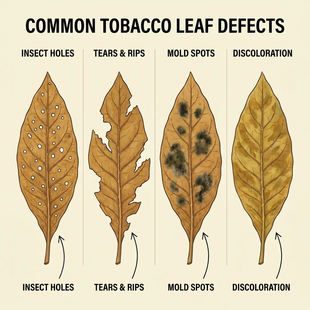Common tobacco leaf defects: holes, tears, mold, discoloration