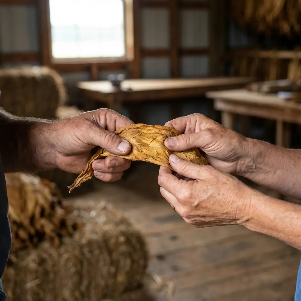 Hands testing tobacco leaf elasticity by bending