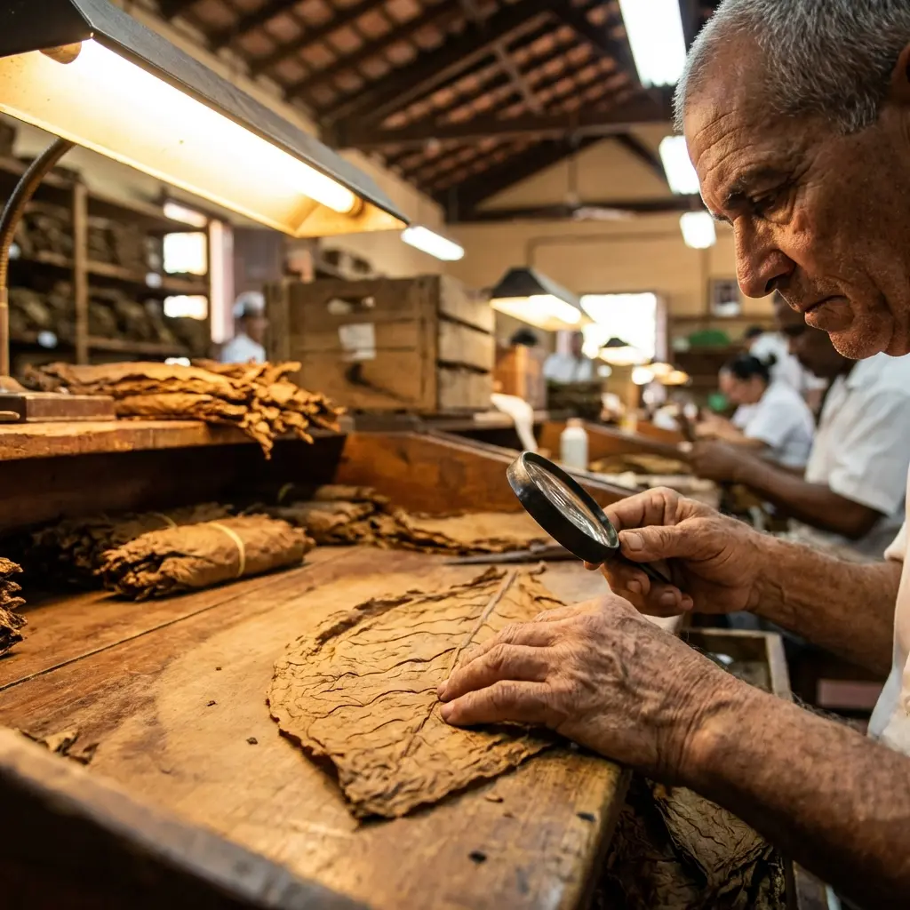 Expert tobacco grader inspecting leaf quality with magnifying glass